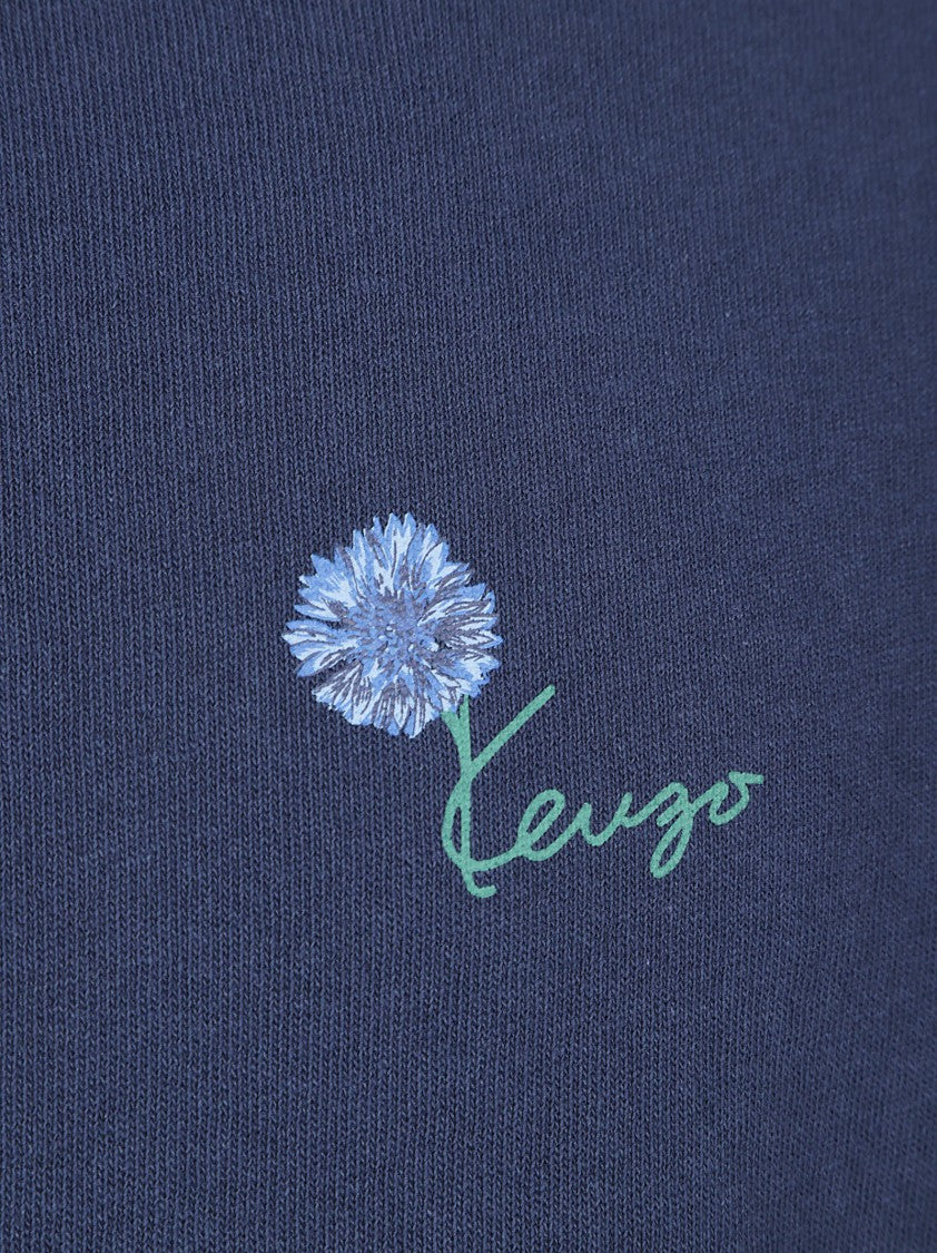 Kenzo Navy Blue Short-Sleeve T-Shirt With Embroidered Floral Detail