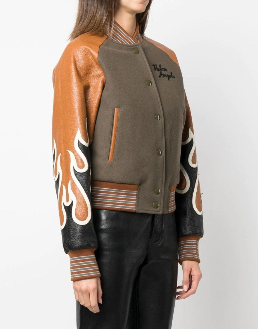 Palm Angels Burning Flames Leather Varsity Jacket