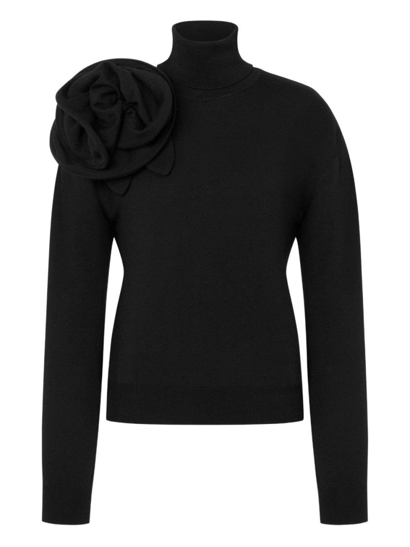 Moschino Black Turtleneck Sweater With Rose Appliqué
