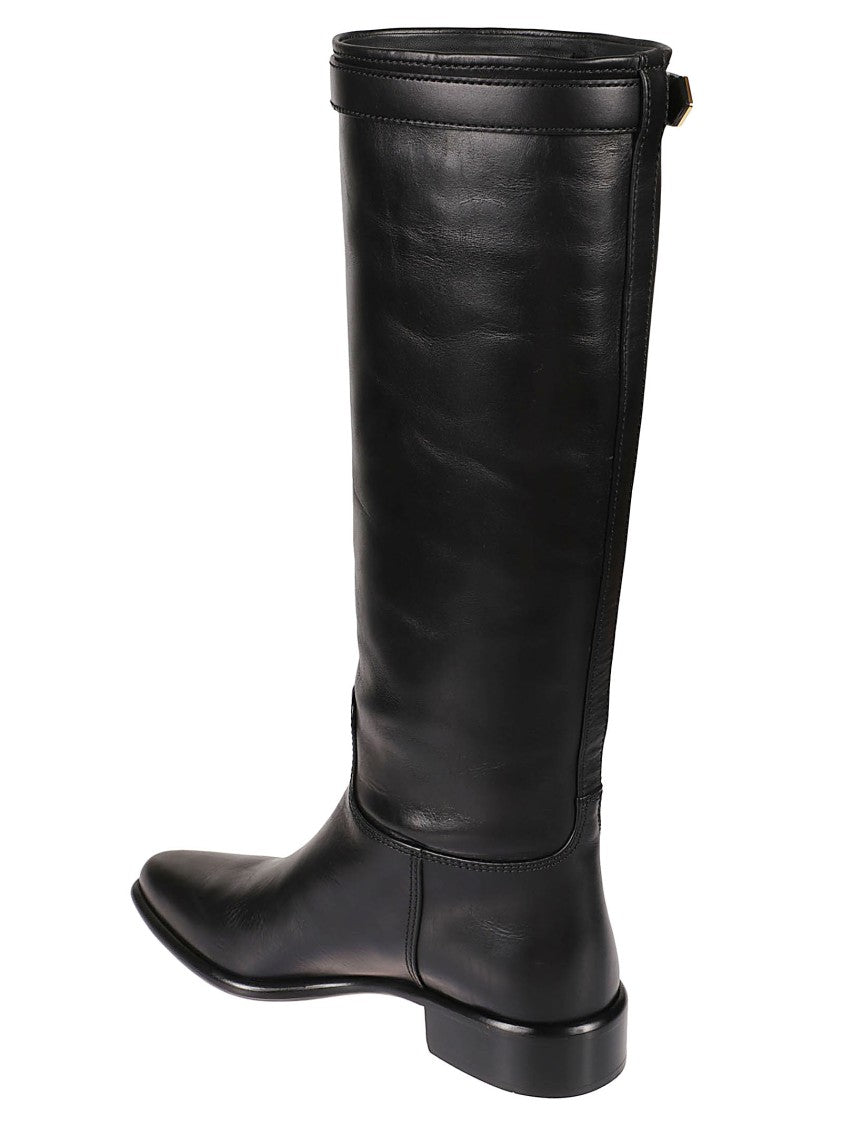 Prada Knee-High Black Leather Boot With Pointed Toe