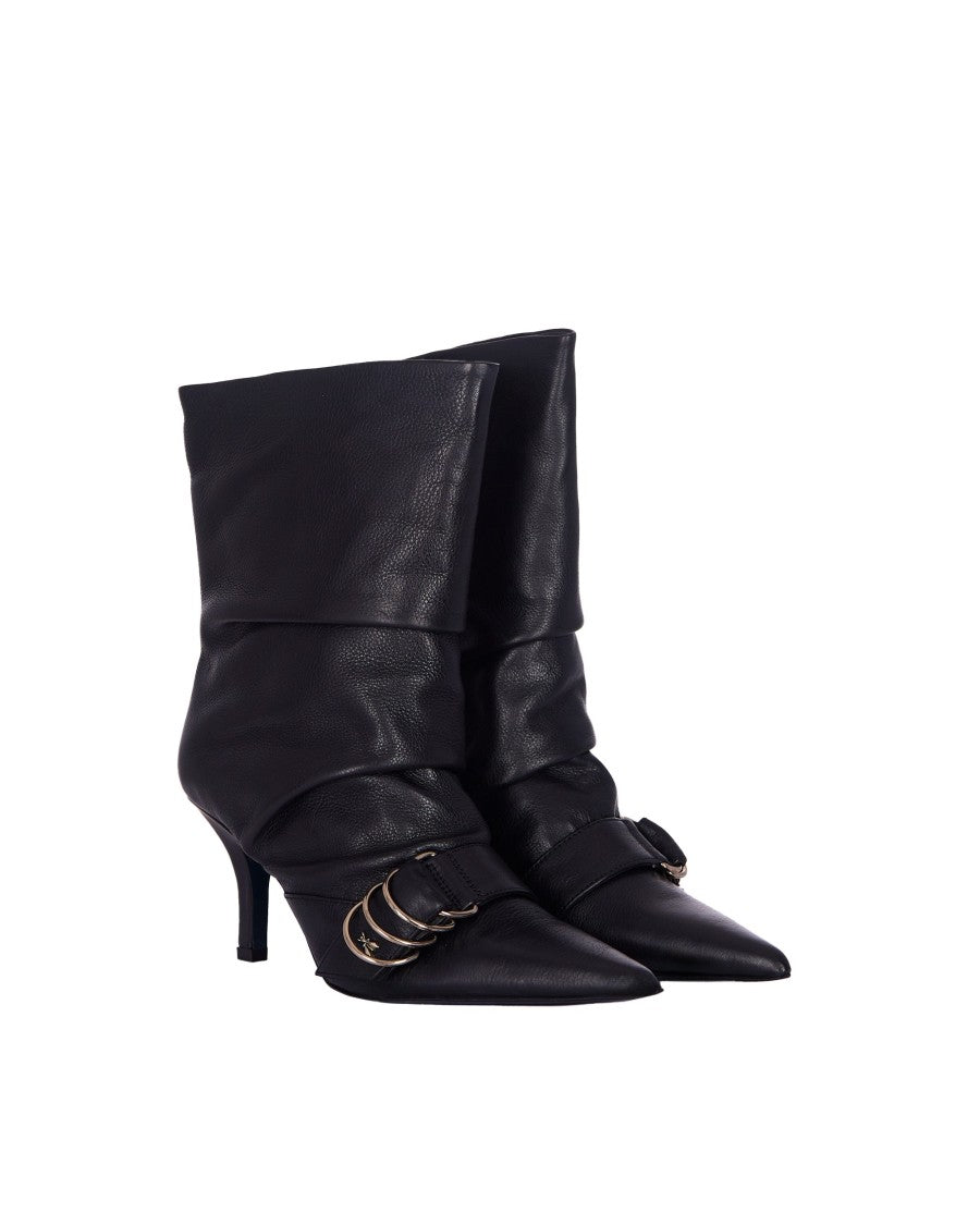 Patrizia Pepe Asymmetrical Black Leather Boots With Front Buckle Detail