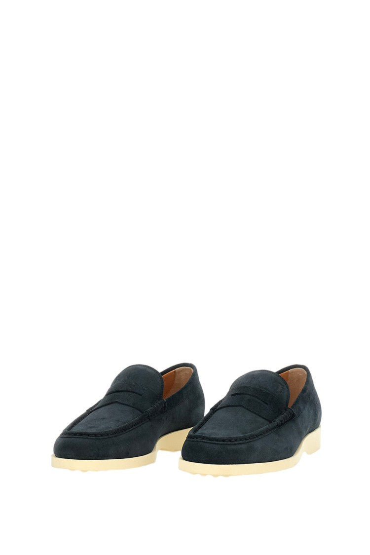 Tod's Debossed Monogram Blue Calfskin Suede Loafers