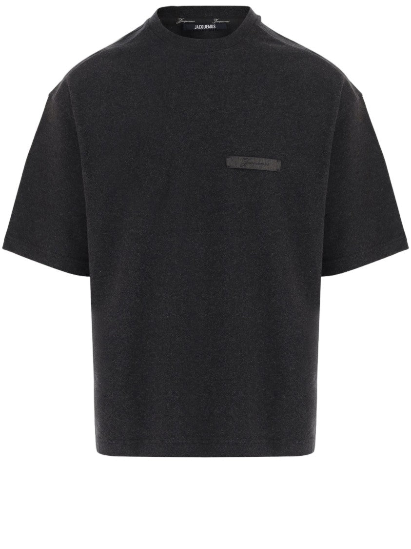 Jacquemus Dark Gray Logo Label Ribbed Crewneck Cotton T-Shirt