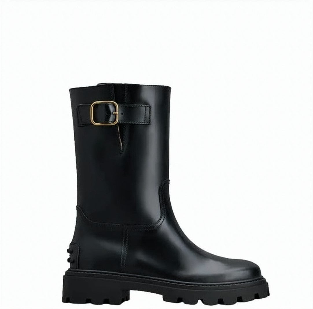 Tod's Mid-Calf Black Calfskin Boots With Sole