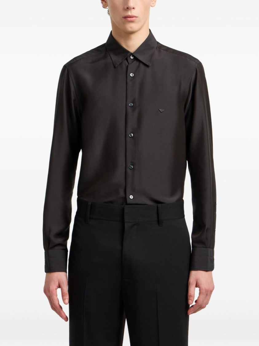 Emporio Armani Silk-Blend Black Casual Shirt With Embroidered Logo
