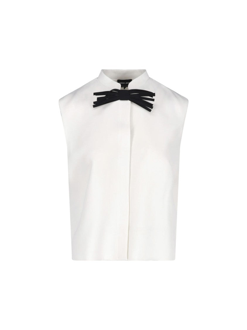Giorgio Armani Sleeveless Silk Top With Mandarin Collar And Bow Detail