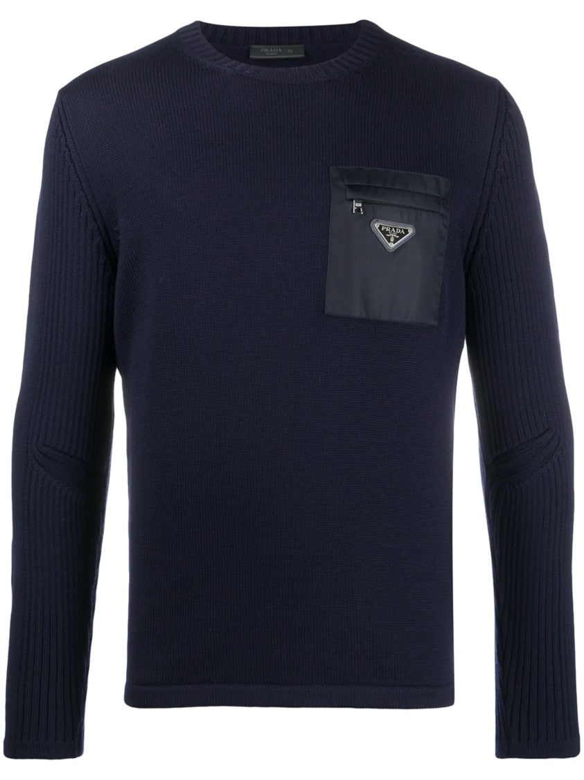 Prada Navy Blue Knit Sweater With Zippered Chest Pocket