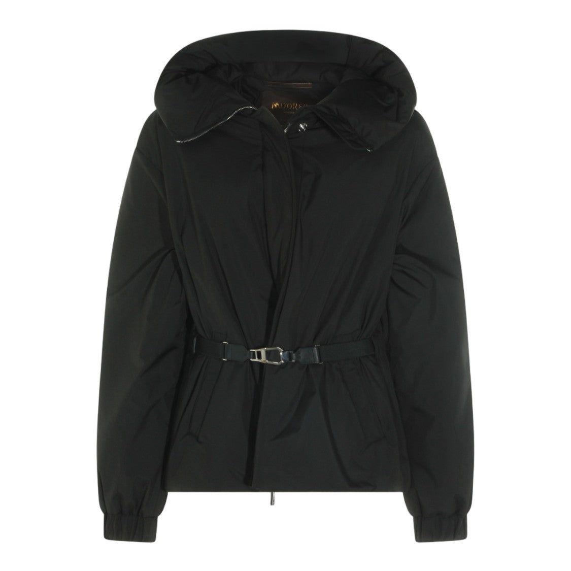 Moorer Short Black Coat With Padded Hood And Belted Waist