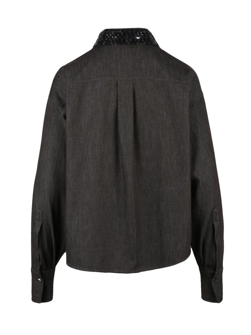 Brunello Cucinelli Short Oversized Cotton Shirt With Sequined Collar And Button Closure