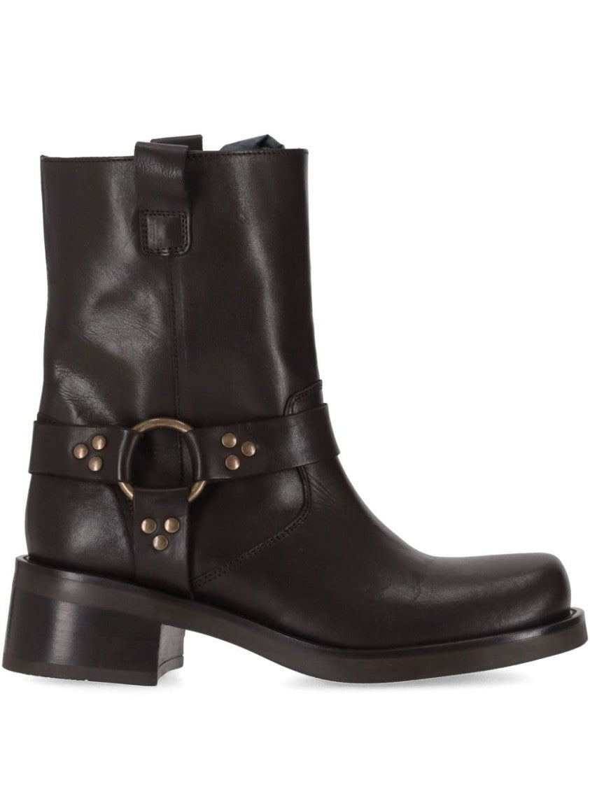 Parosh Mid-Calf Brown Leather Boots With Block Heel And Side Zipper