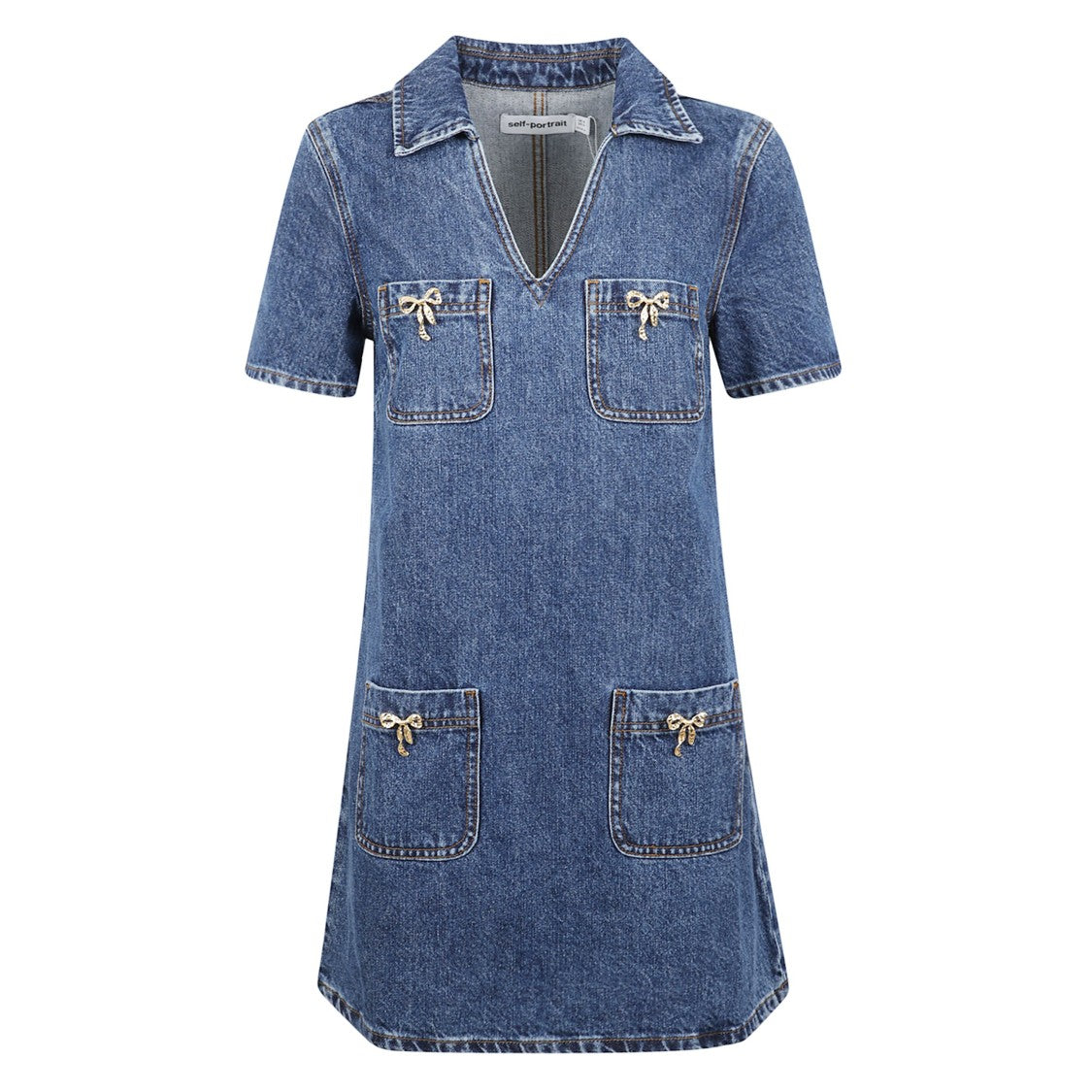 Self-Portrait Blue Denim Mini Dress With Bow-Embellished Pockets