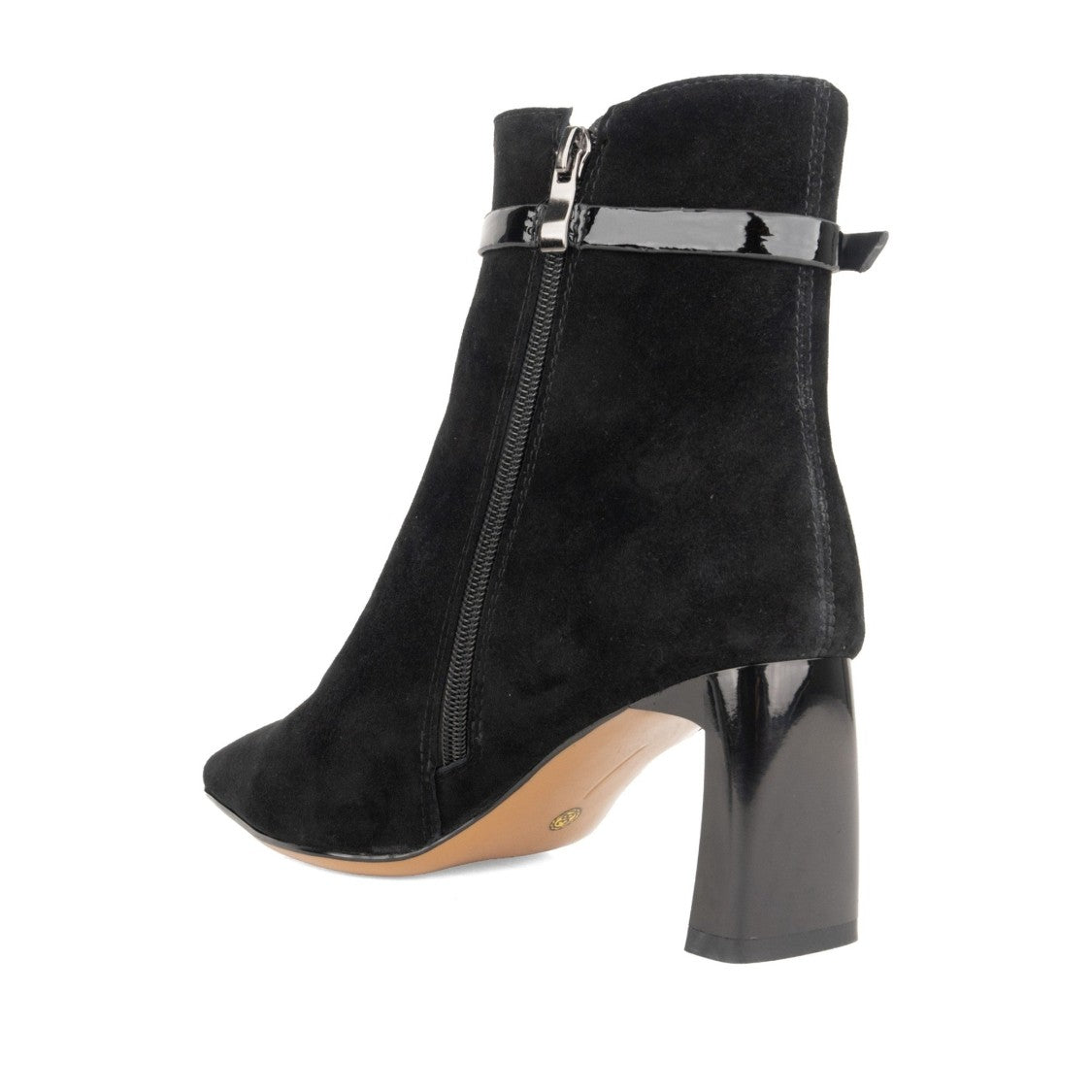Linda Baumann Black Mid-Height Glossy Strap Suede Ankle Boots