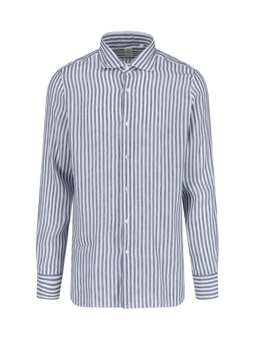 Finamore Blue Striped Classic Collar Linen Shirt