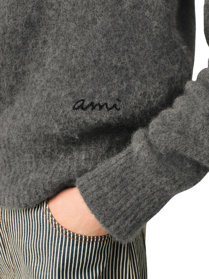 Ami Paris Grey Ami Embroidery Wool-Alpaca Polo Shirt