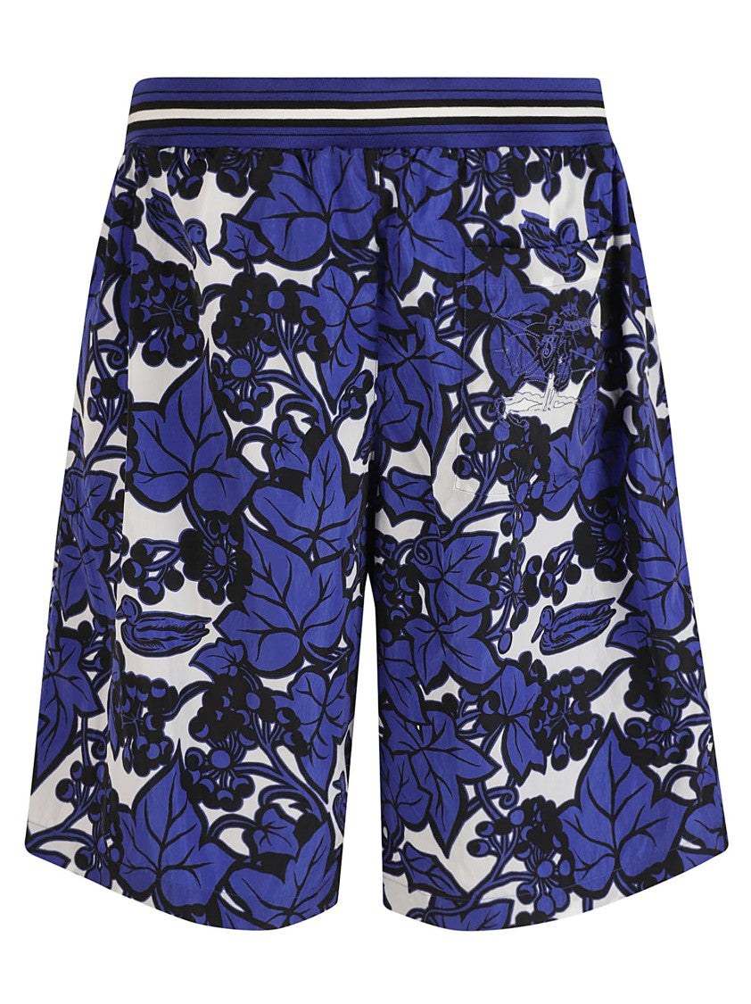 Burberry Floral Patterned Blue Shorts With Striped Waistband