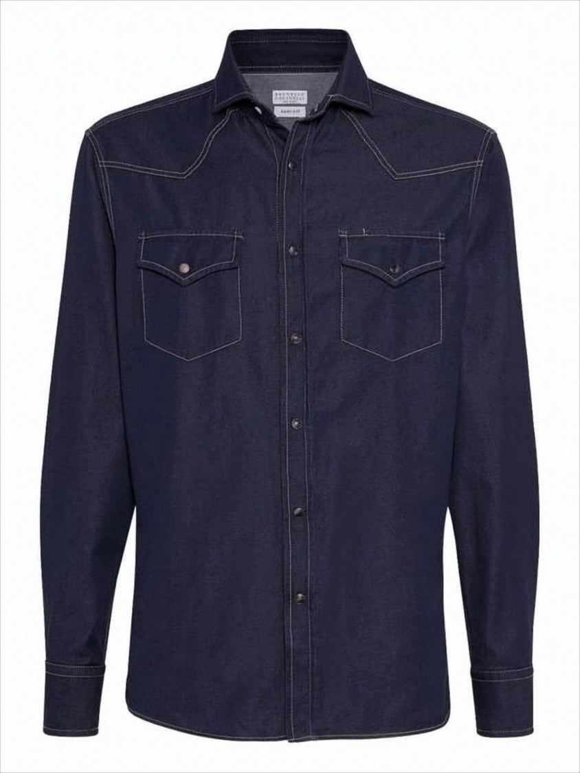 Brunello Cucinelli Dark Denim Long-Sleeve Shirt