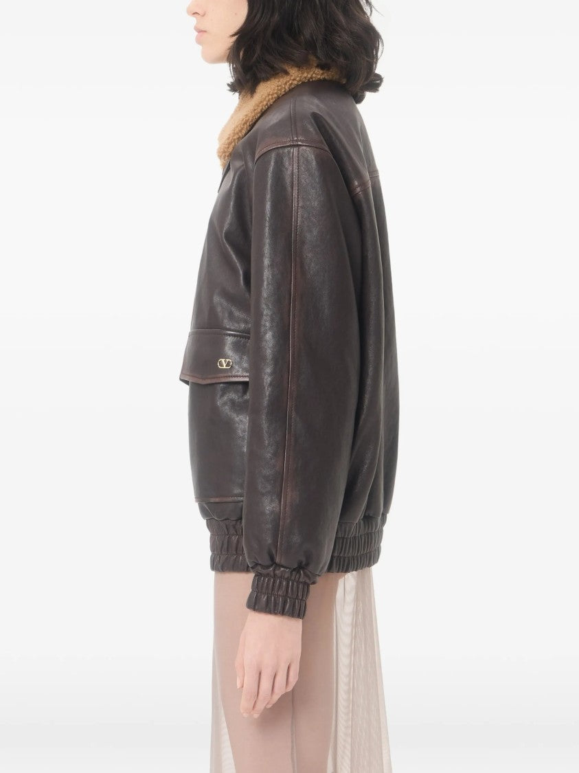 Valentino Brown Shearling Collar Leather Jacket