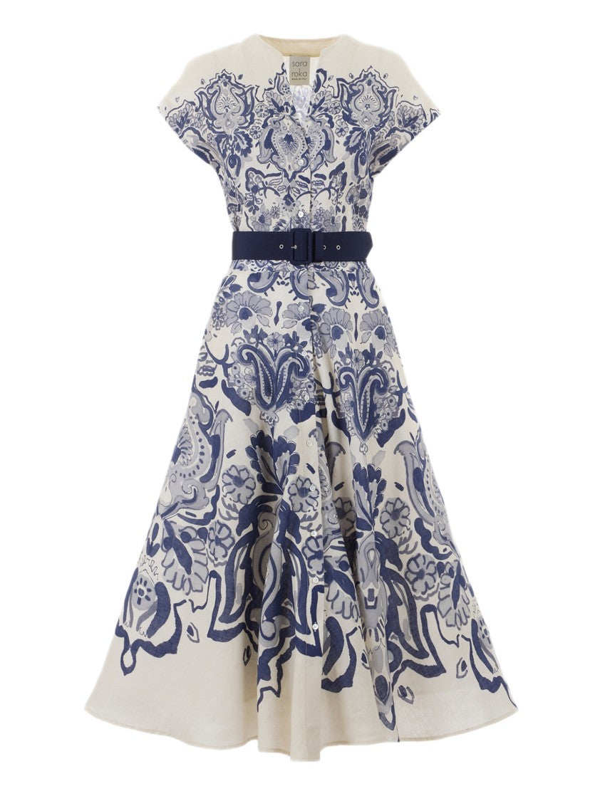 Sara Roka Navy Blue Damask Print Midi Dress With Batwing Sleeves