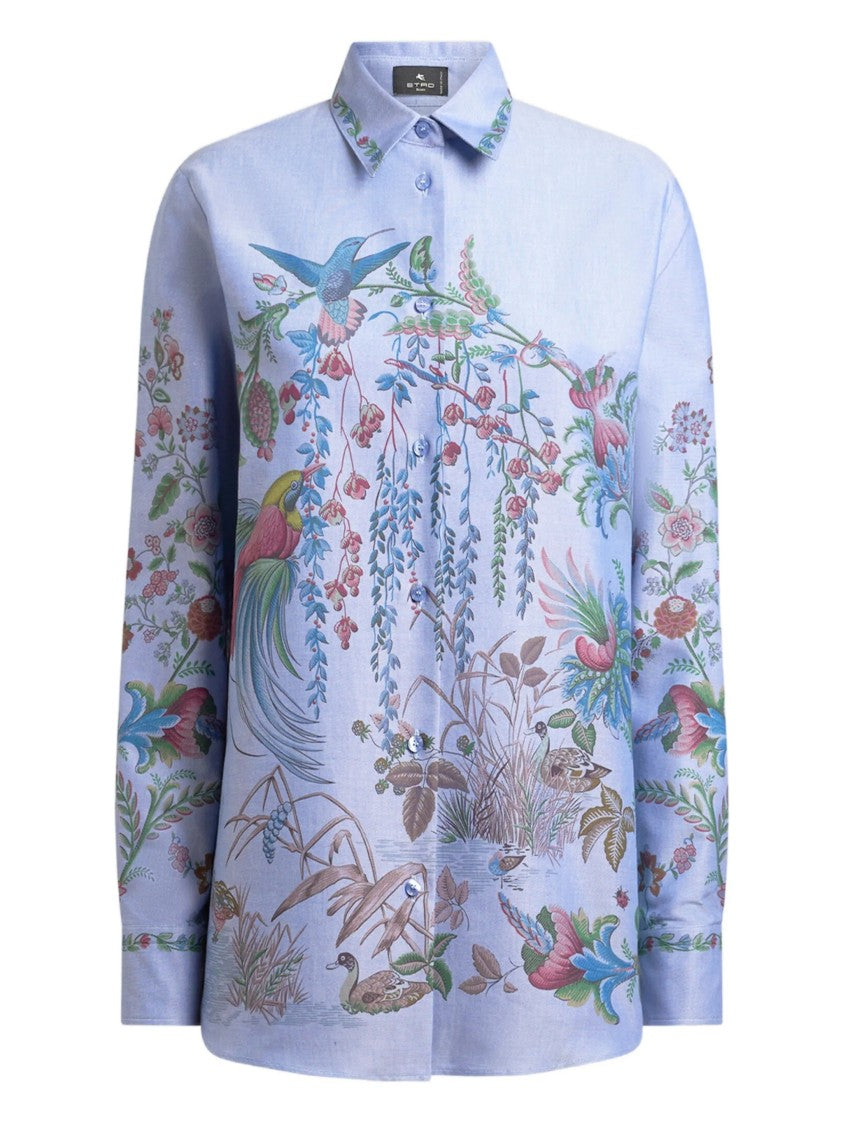 Etro Light Blue Botanical Print Button-Up Shirt