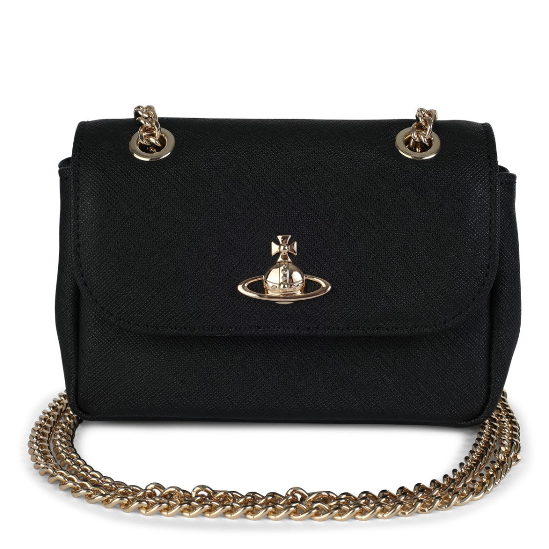 Vivienne Westwood Textured Black Leather Shoulder Bag With Gold-Tone Orb Emblem