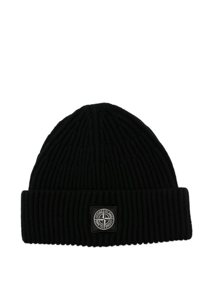 Stone Island Ribbed Knit Wool Hat With Logo Patch
