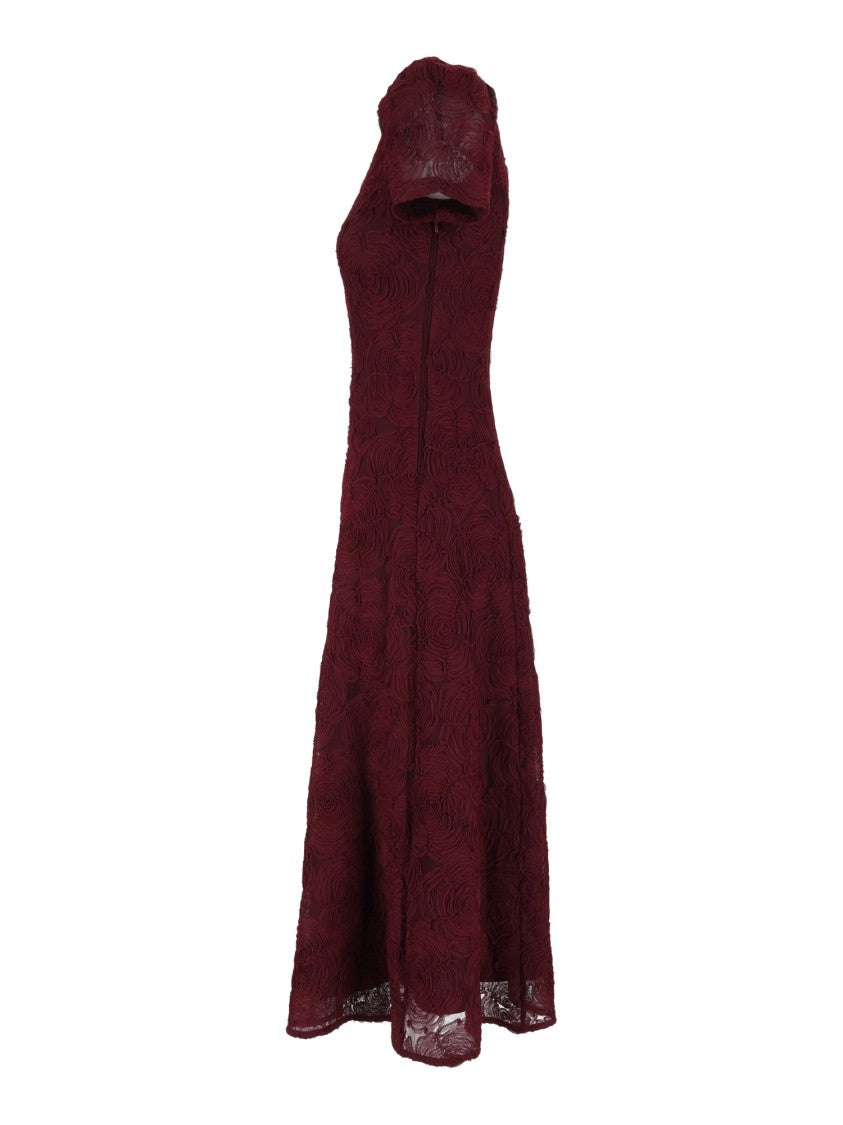 Rotate Brown Slim-Fit Floral Mesh Flared Midi Dress