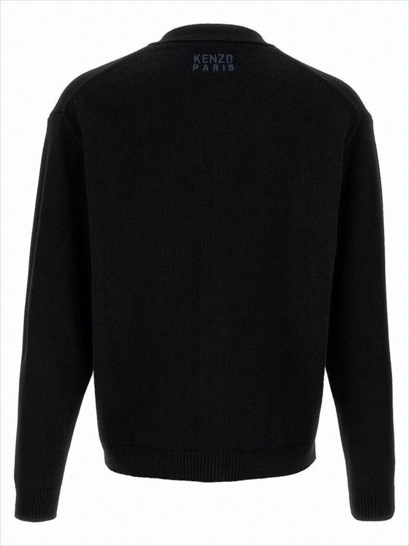 Kenzo Black Wool Cardigan With V-Neckline And Embroidered Details