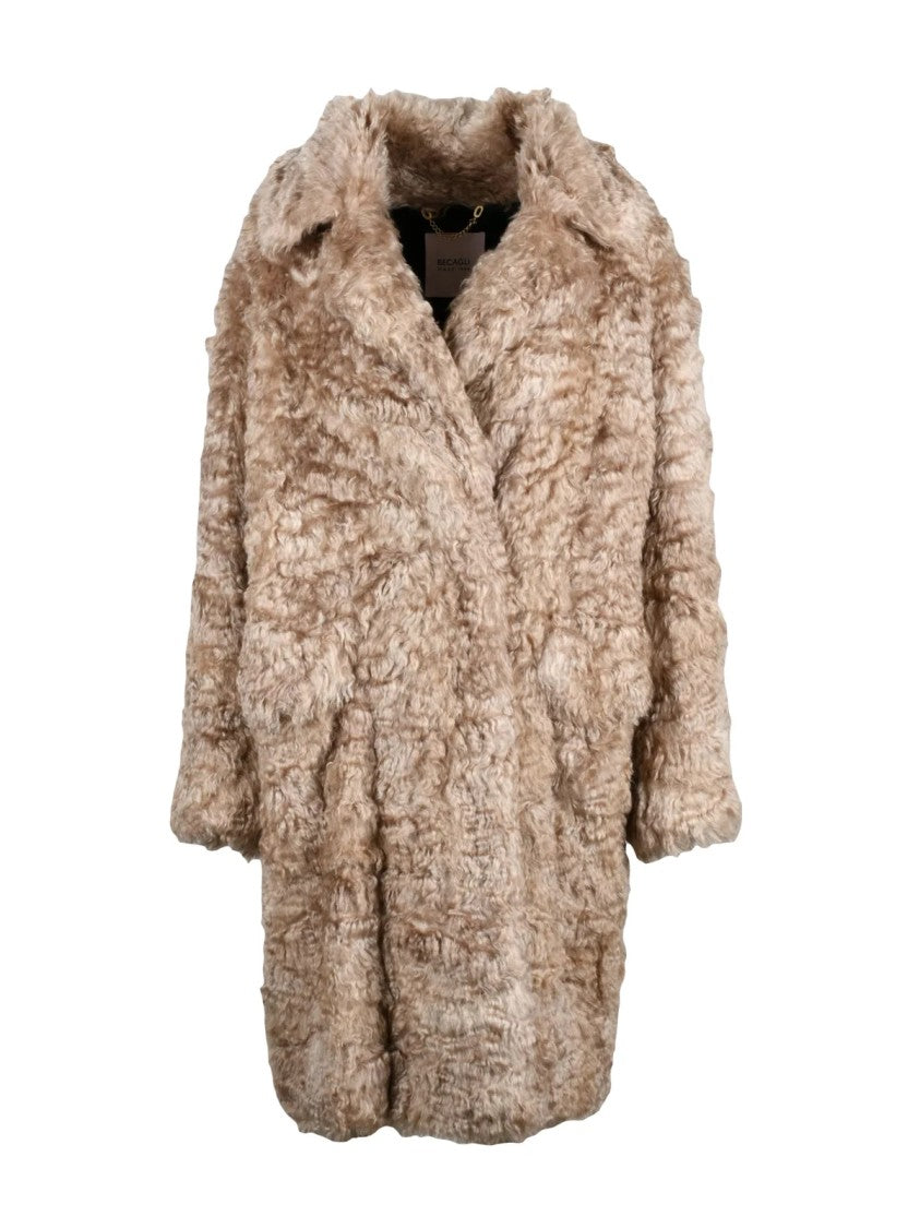 Becagli Beige Curly Mohair Wool-Blend Double-Breasted Coat