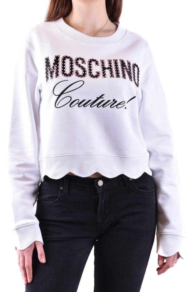 Moschino Cropped White Sweatshirt With Scalloped Hem