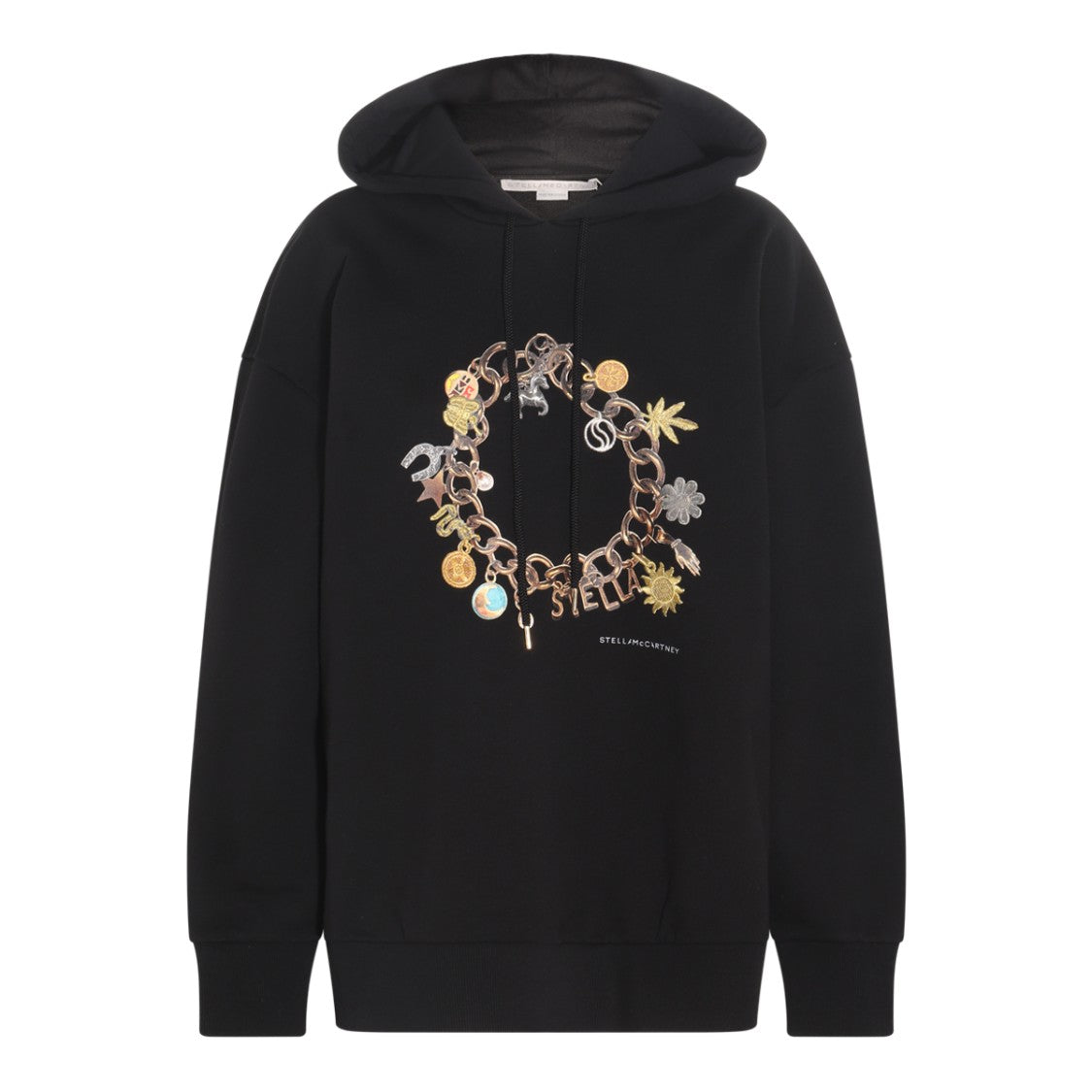 Stella Mccartney Kangaroo Pocket Black Cotton Hoodie With Unique Charm Print