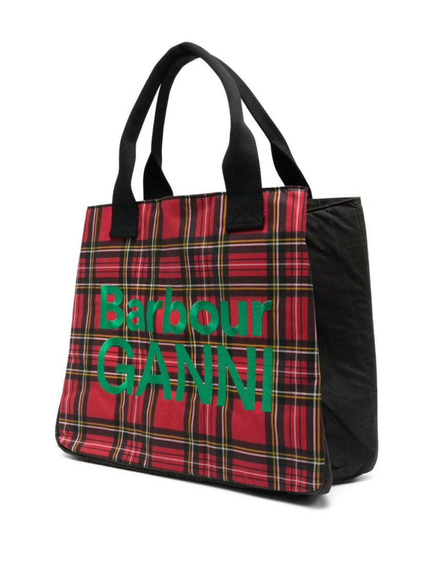 Ganni X Barbour Rectangular Tote Bag With Red Tartan Pattern And Logo Patch