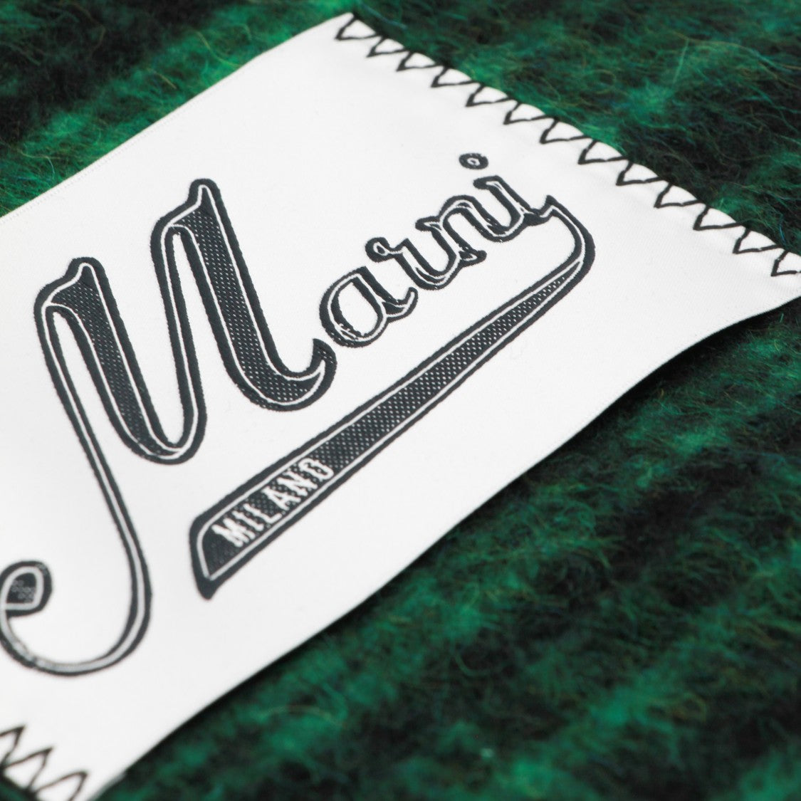 Marni Checkered Green Scarf With Fringed Edges And Stylized Patch