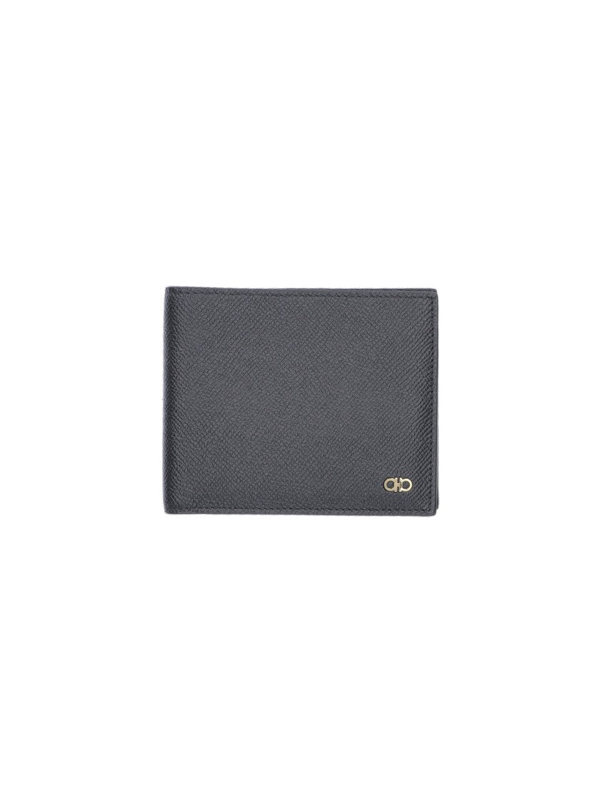 Ferragamo Gancini Detail Black Calf Leather Bifold Wallet