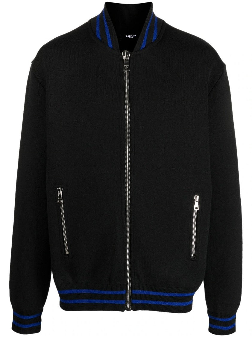Balmain Knitted Black Bomber Jacket With Zipped Closure