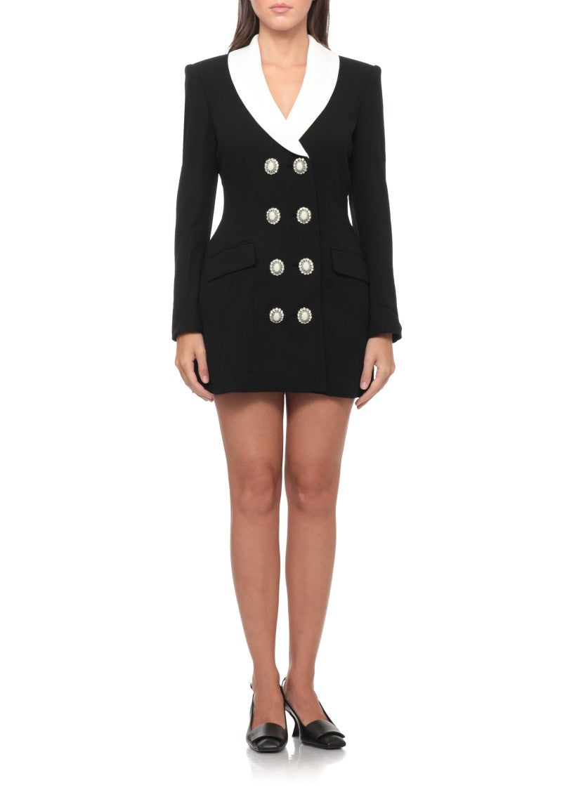 Self-Portrait Double-Breasted Black Wool Jacket Dress With White Shawl Collar