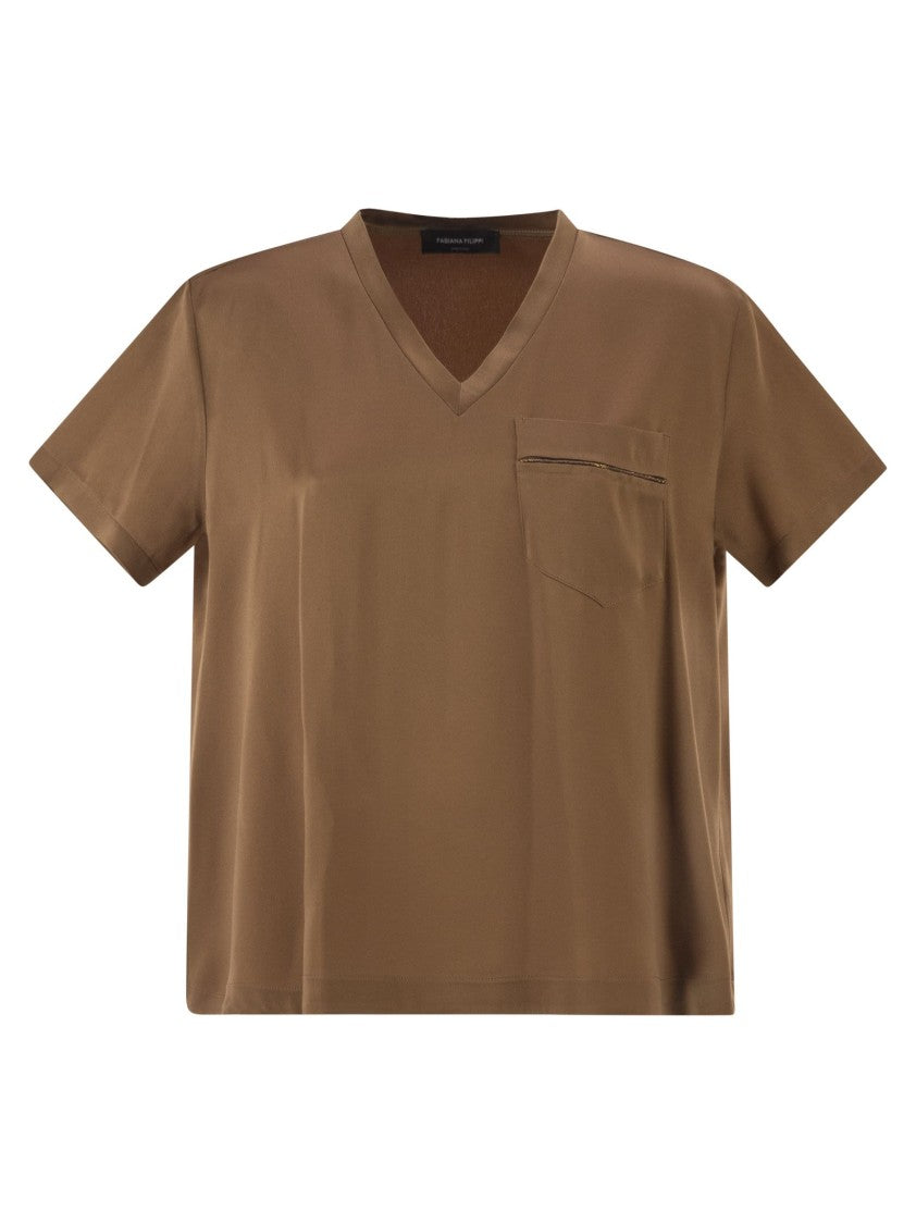 Fabiana Filippi V-Neck Satin Top With Elegant Pocket