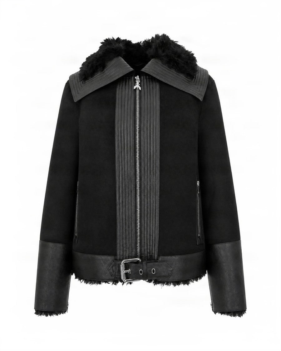 Patrizia Pepe Black Leather-Effect Plush Fur Collar Jacket