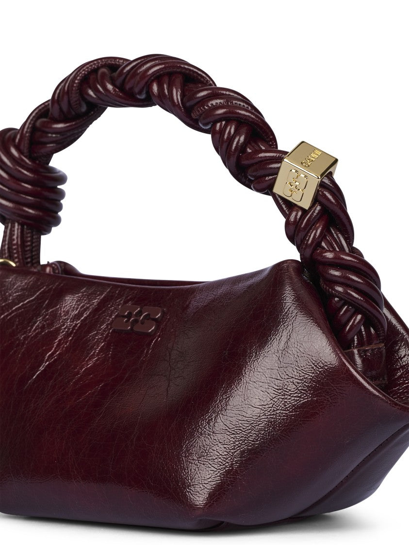 Ganni Burgundy Glossy Elongated Twisted Handle Shoulder Bag