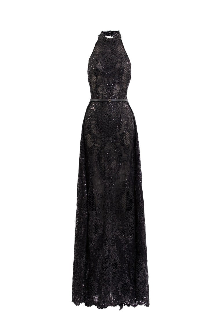 Saiid Kobeisy Floor-Length Embroidered Lace Dress With Halter Neckline And A-Line Overskirt