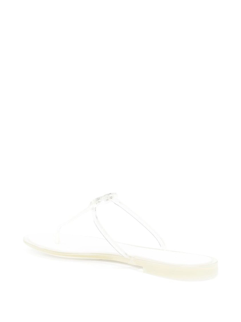 Tory Burch Transparent Strap Silver Sandals With Metallic Emblem Detail