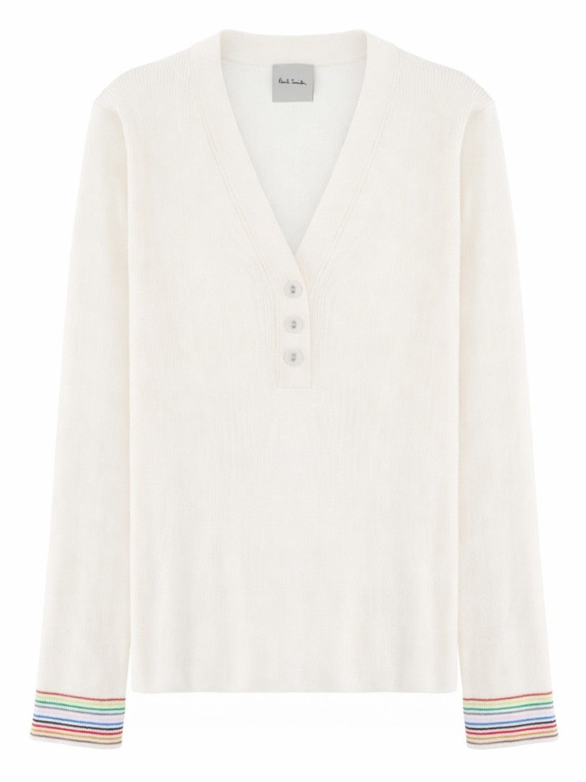 Paul Smith Neutrals Deep V-Neck Buttoned Cotton Sweater
