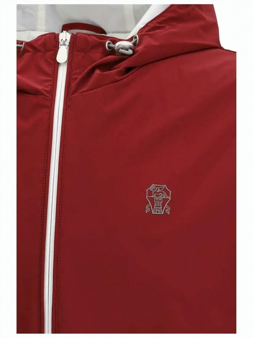 Brunello Cucinelli Deep Red Hooded Jacket With Adjustable Drawstrings And Emblem