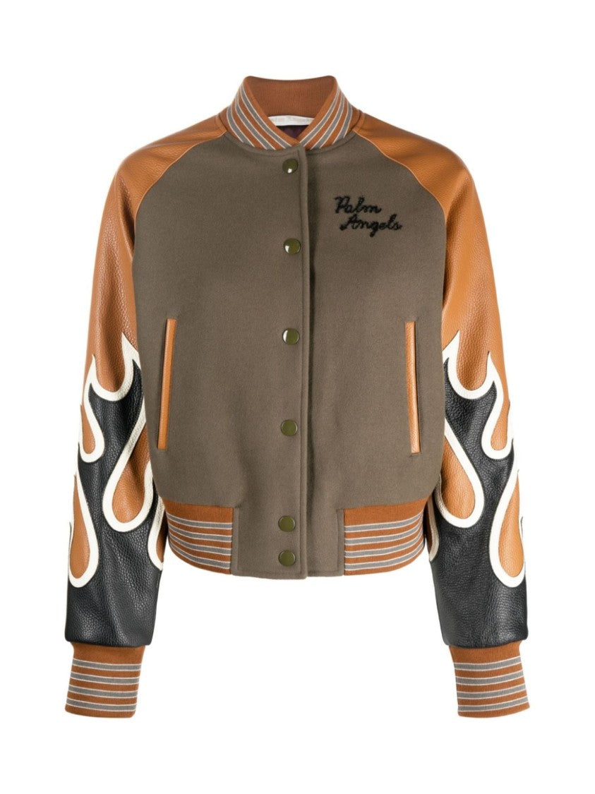 Palm Angels Burning Flames Leather Varsity Jacket