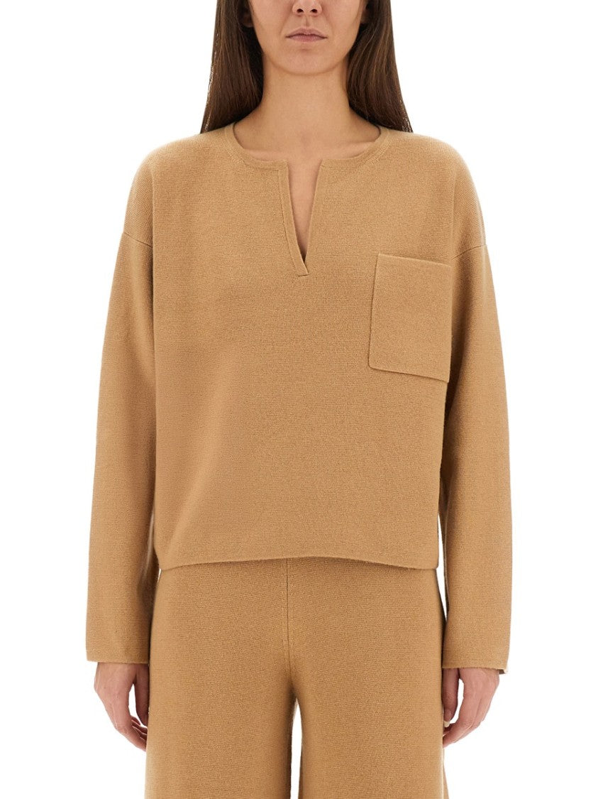 Max Mara Relaxed Fit Brown Knit Sweater With V-Notch Neckline