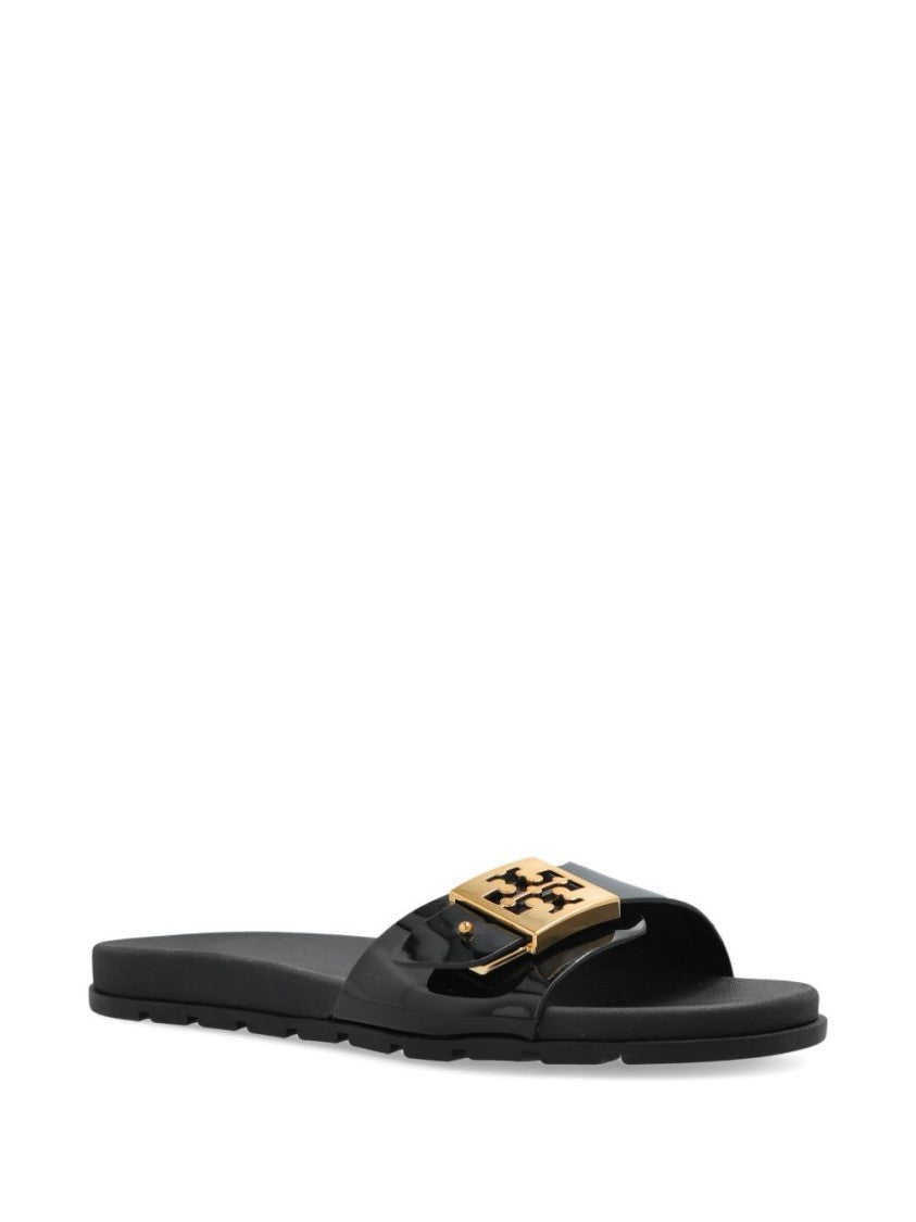 Tory Burch Black Slide Sandals With Gold-Tone Logo Buckle