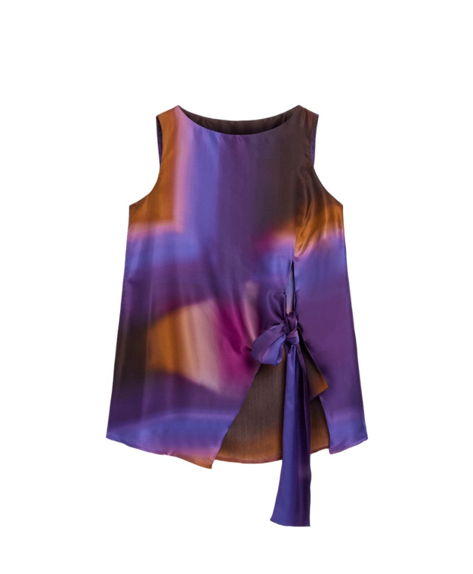 Momonì Viscose Satin Torchon Waist Print Sleeveless Blouse