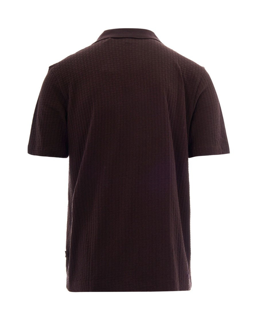 Boss Geometric Jacquard Polo With Johnny Collar In Dark Brown