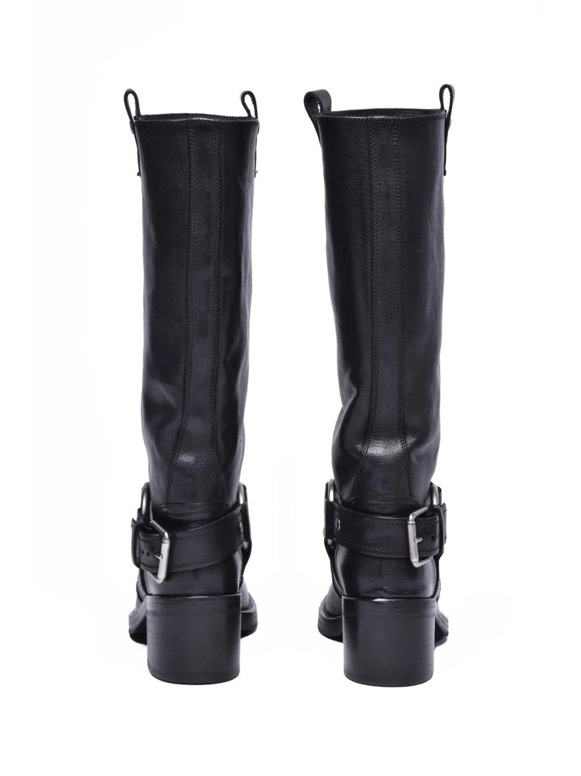 Ash Black Leather Rubber Women's Biker Boots