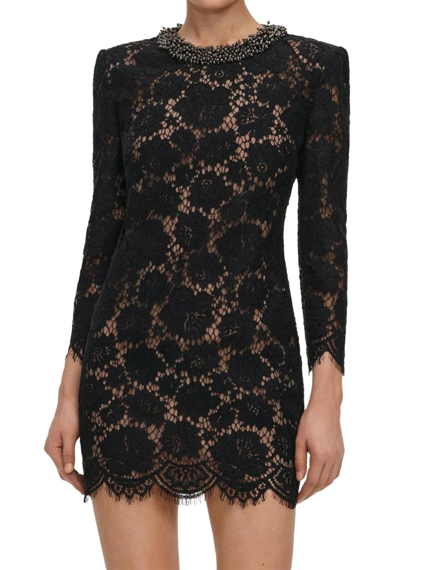 Self-Portrait Black Lace Mini Dress With Floral Overlay And Decorative Embellishments