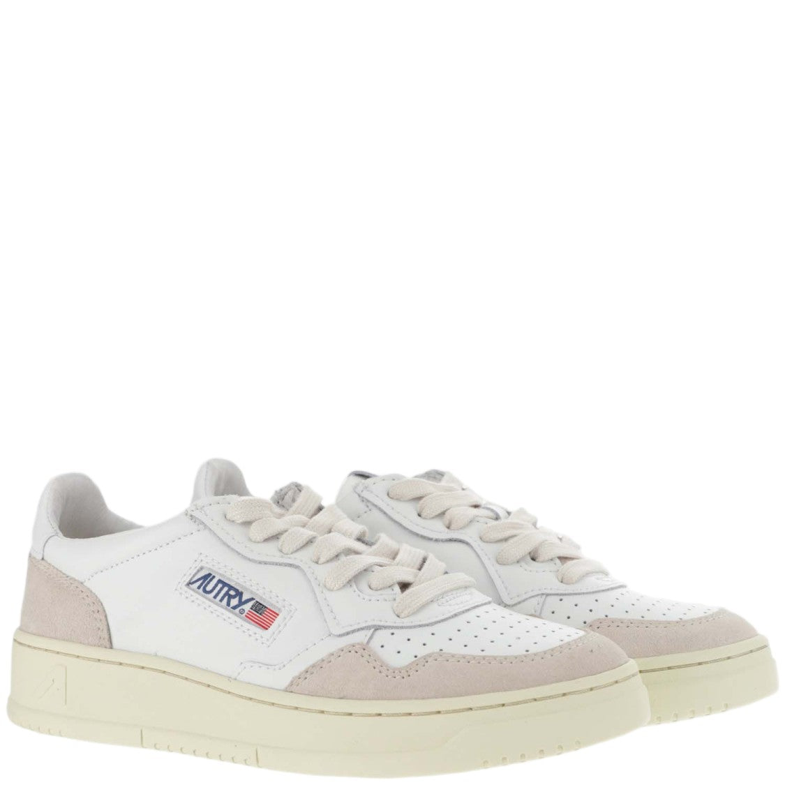 Autry Beige Leather And Suede Low-Top Sneakers With Embossed Branding